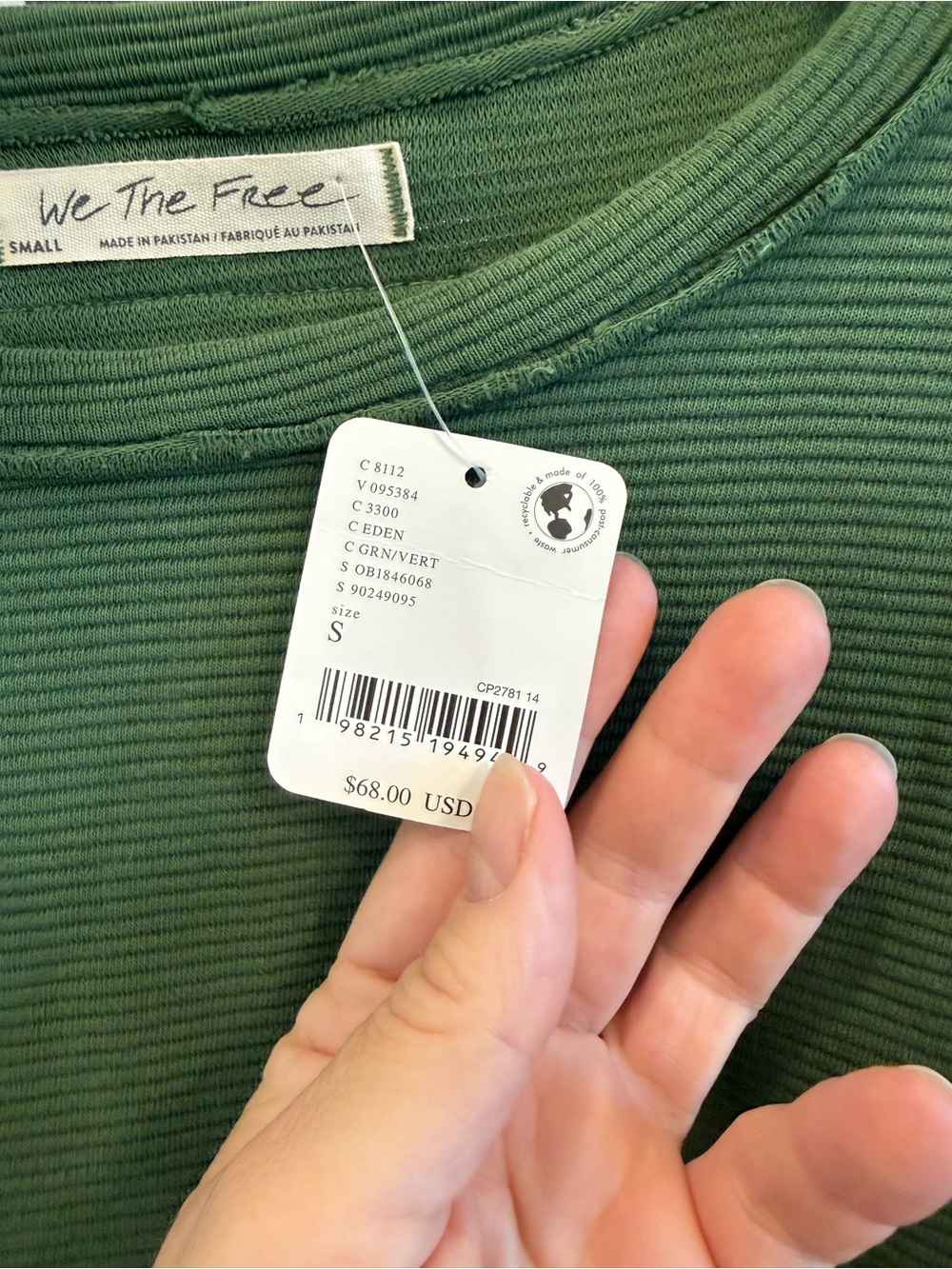 NWT Free People Total Eclipse Eden Green Ribbed Top Small Relaxed Boho Mininal - Picture 7 of 9